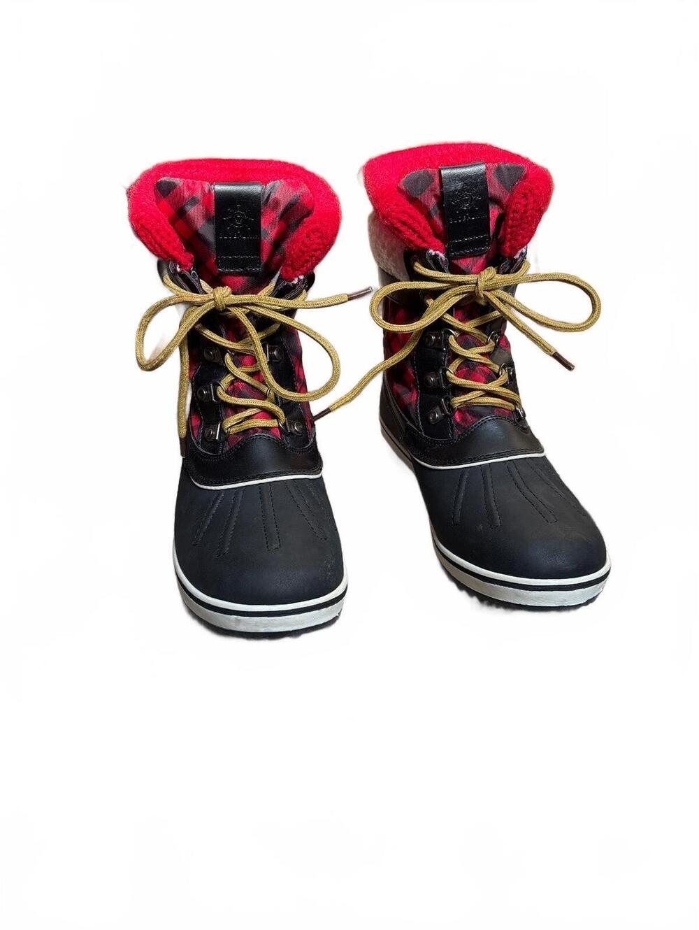 Globalwin Buffalo Plaid Winter Duck Boots Women's Size 9 Red Black Fleece Trim